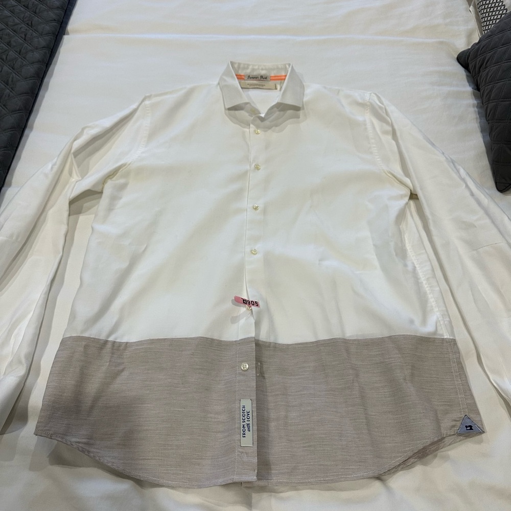 Scotch & Soda long sleeve white shirt with accent on the bottom